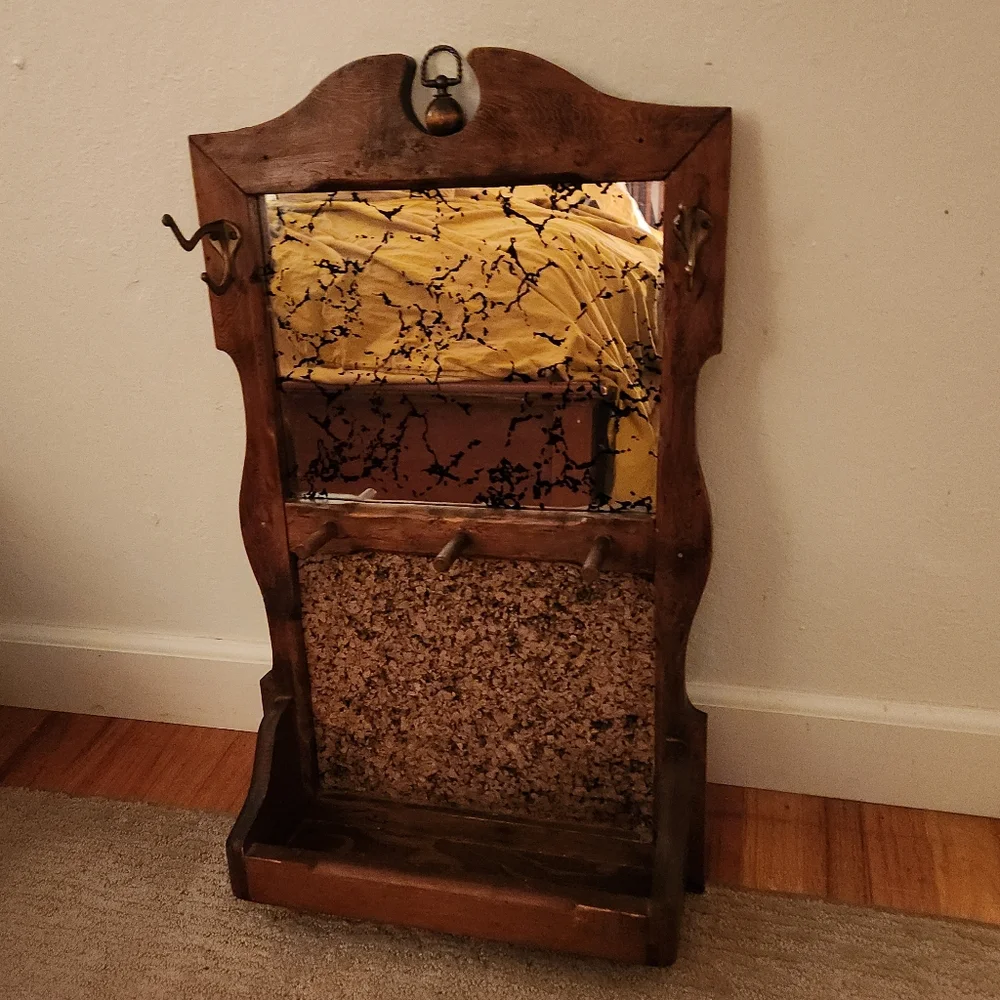 🔨Vintage 1950's Wooden Mirrored Wall Cork Board Rack Shelf Handmade 🔨